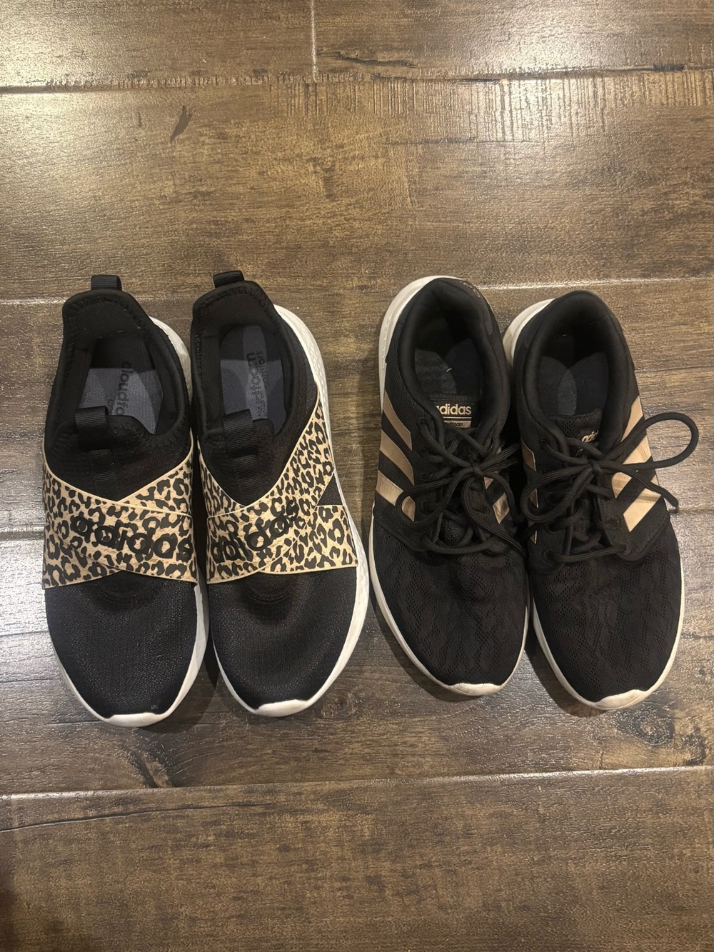 GUC 2 pair of Adidas Black/gold and Leopard Athletic Shoes